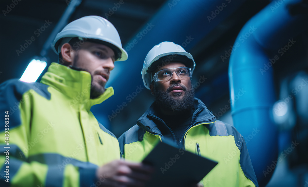 Two multi ethnic engineers having a meeting at a construction site surrounded by pipes holding a tablet Two multi ethnic engineers having a meeting at a construction site surrounded by pipes holding a tablet