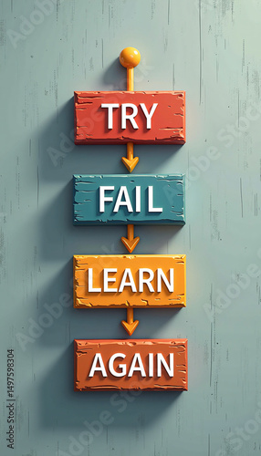 A vertical set of colorful sign blocks labeled TRY, FAIL, LEARN, and AGAIN offers a visual roadmap of growth and resilience. Mounted on a textured backdrop.