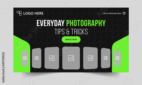 Trendy photography daily tips and tricks video thumbnail banner design, daily photography learning tips and techniques video cover banner design, editable vector eps 10 file format