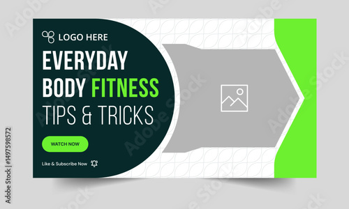 Trendy fitness video thumbnail banner design, fitness tips and tricks banner design, customizable vector eps 10 file format