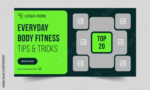 Trendy fitness video thumbnail banner design, fitness tips and tricks banner design, customizable vector eps 10 file format