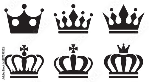  Set of four black crown icons with different designs, symbolizing royalty, luxury, and power, ideal for premium branding, fashion, or elegant design projects.