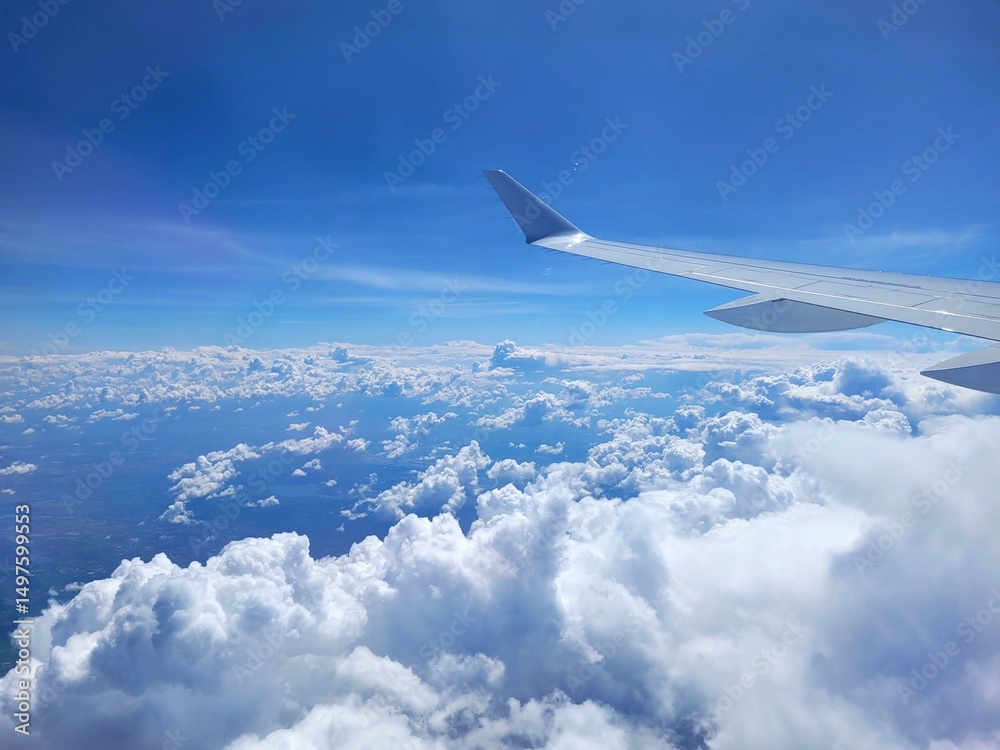 Obraz premium Blue Sky with Clouds and Airplane Wing
