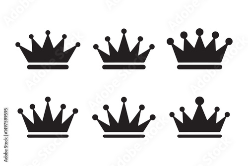  Set of four black crown icons with different designs, symbolizing royalty, luxury, and power, ideal for premium branding, fashion, or elegant design projects.