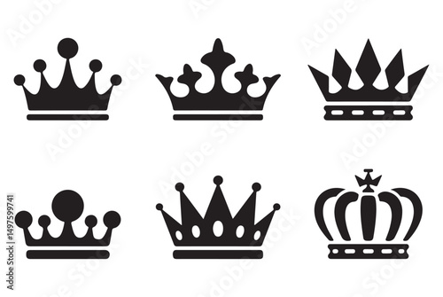  Set of four black crown icons with different designs, symbolizing royalty, luxury, and power, ideal for premium branding, fashion, or elegant design projects.