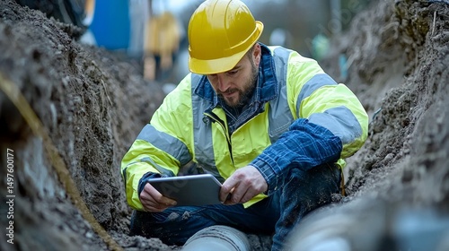 Engineer in high-visibility gear conducting pipeline inspections photo