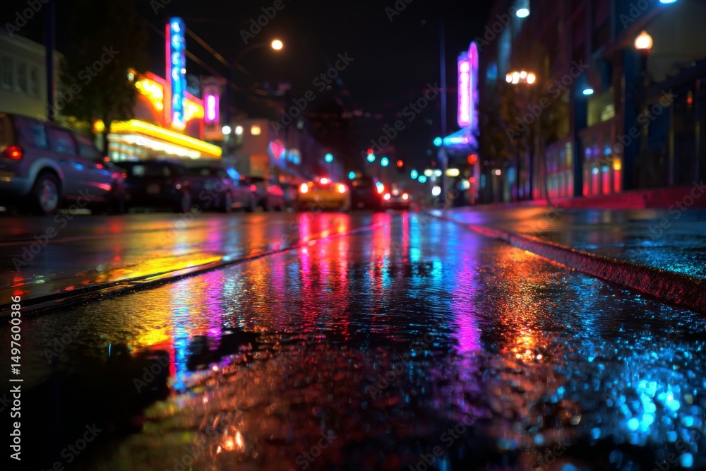 Fototapeta premium Vibrant city street with neon lights reflecting on wet pavement after rainfall at night creating unique light display