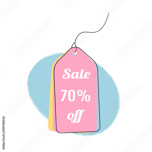 Cute sale label on ribbon for price off. 70% off price tag. Super discounts tag for shop, markets promotion. Simple childish price tag isolated on white background. Modern flat style design sale beige