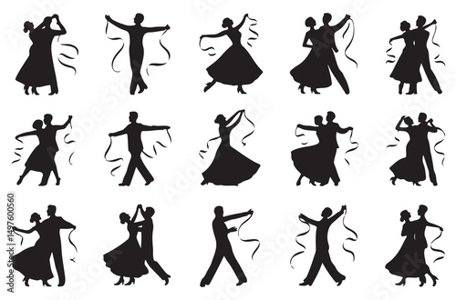  Set of dance silhouettes with ribbon, showcasing elegant movement and rhythm, perfect for events, celebrations, and creative projects related to dance, ballet, and performance.