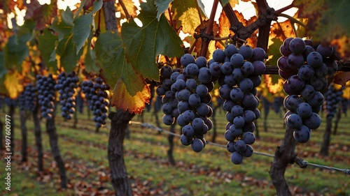 Wallpaper Mural Vibrant ripe grapes clustered on grapevines, surrounded by golden autumn foliage, glowing under warm backlighting in scenic vineyard landscape Torontodigital.ca