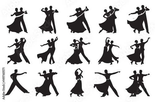  Set of dance silhouettes with ribbon, showcasing elegant movement and rhythm, perfect for events, celebrations, and creative projects related to dance, ballet, and performance.