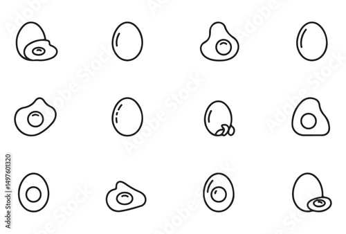 Set of hand-drawn cracked eggs, showcasing different stages of breakage, ideal for creative projects related to growth, transformation, and change.