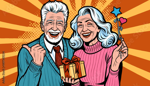 Happy elderly couple with a gift, retro vector Pop Art style