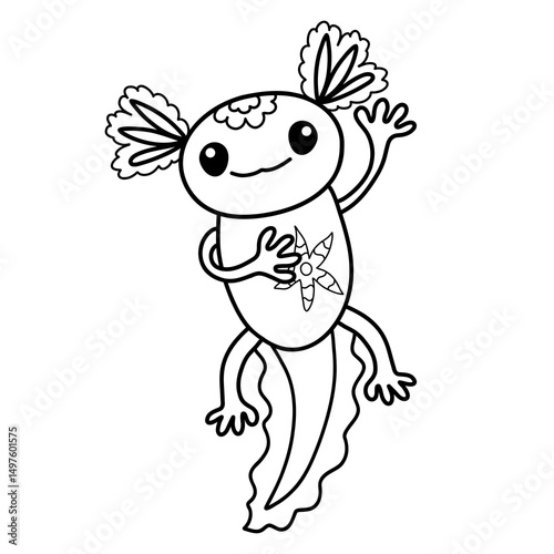 funny colorful axolotl with starfish in hand, waving paw, black coloring