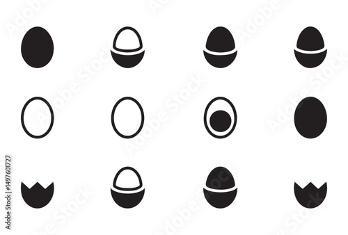 Set of hand-drawn cracked eggs, showcasing different stages of breakage, ideal for creative projects related to growth, transformation, and change.