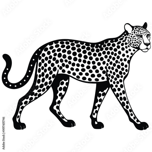 Elegant Cheetah Illustration Black and White Spotted Cat Design