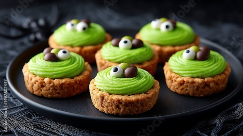 Frankenstein peanut butter pretzel treats on a spooky platter with cobwebs 