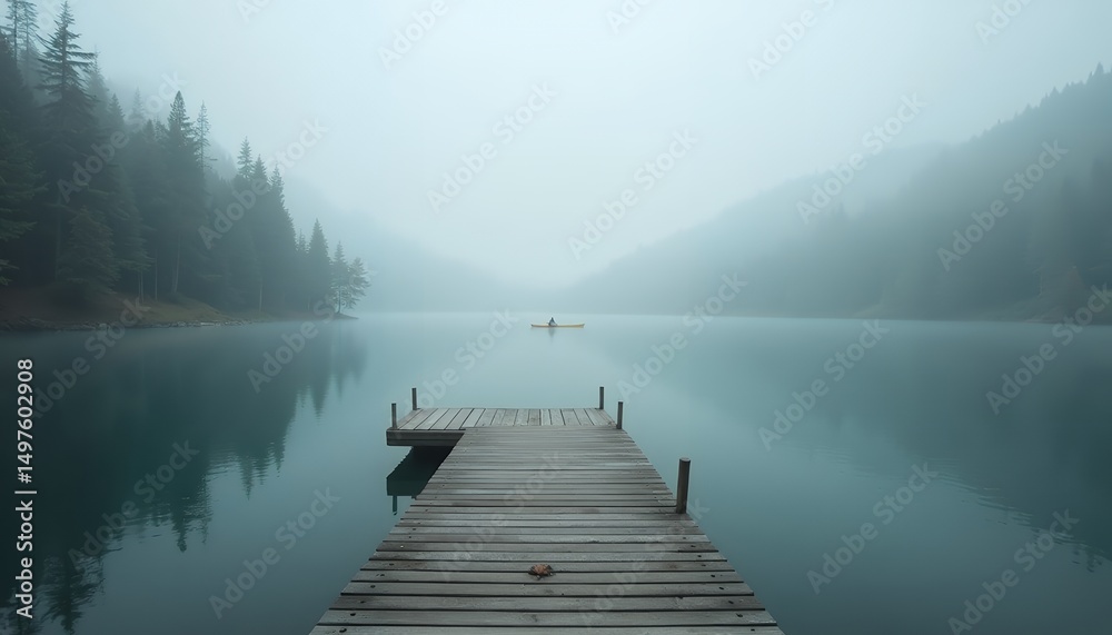 Naklejka premium Lake and Dock on a Foggy Day