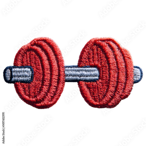 Embroidered patch of red dumbbell with detailed stitching showing fitness and strength in vibrant embroidery design