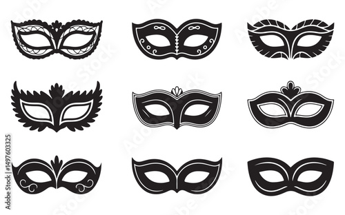 Set of black masquerade masks in different styles, perfect for costume parties, events, and creative design projects related to mystery, disguise, and elegance.