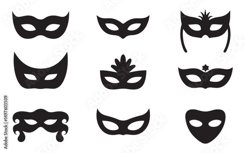 Set of black masquerade masks in different styles, perfect for costume parties, events, and creative design projects related to mystery, disguise, and elegance.