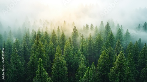 Misty forest canopy, vibrant green conifers