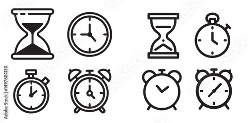 Time related vector icons, including sand timers and a variety of clocks.