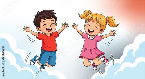 Joyful Kids Jumping – Cute Boy and Girl Playful Action Flat Vector Illustration for Children's Activities and Family Joy