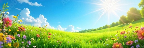 Vibrant summer scene featuring sun-drenched landscape with lush green grass, blooming flowers, and a clear blue sky Perfect for travel, vacation, or nature themes , field, vibrant, season