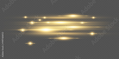 Golden sparkling flashes of light with motion blur, light lines.