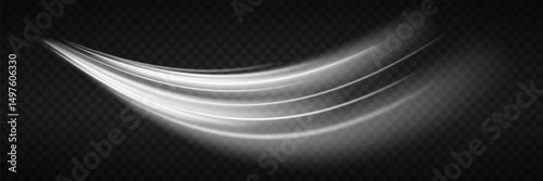 Curved white light stripes with motion blur. On transparent background.