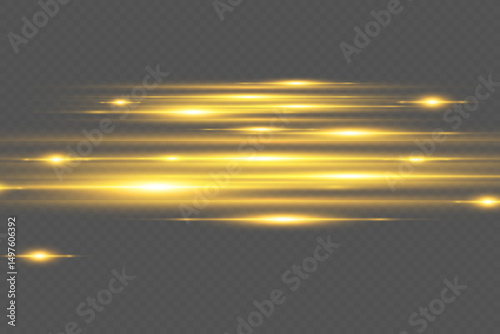 Golden sparkling flashes of light with motion blur, light lines.