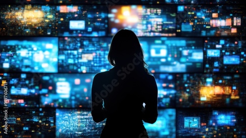 Woman silhouetted against a wall of glowing screens displaying data.