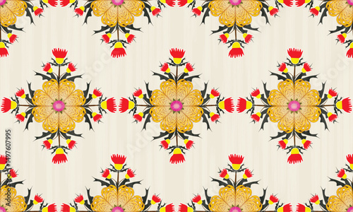 The fabric patterns seamless vector pattern, beautifully arranged floral, cream background, red and yellow flowers