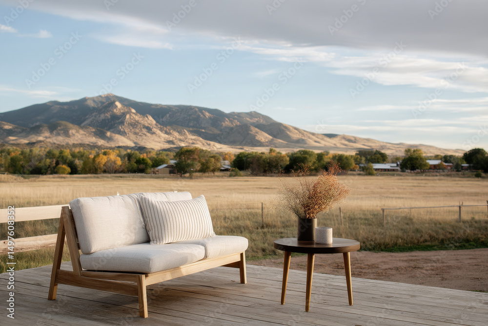 Fototapeta premium tiny house glamping terrace overlooking majestic mountains featuring cozy furniture and serene atmosphere