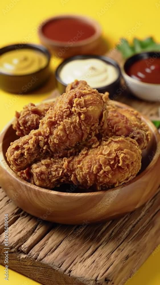 Crispy Fried Chicken in Bowl on Wooden Board with Sauces | High Contrast Studio Light Crispy Fried Chicken in Bowl on Wooden Board with Sauces | High Contrast Studio Light