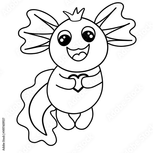 Cute cheerful axolotl prince in a crown with a heart in his hands, black coloring