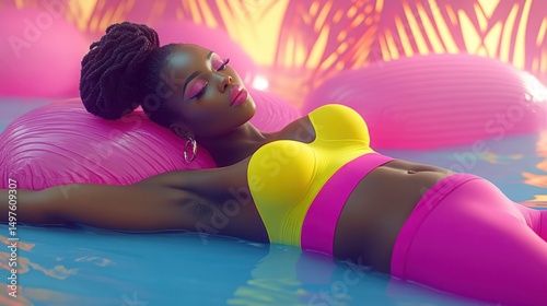 Woman in vibrant yellow and pink athletic wear relaxing in pool.