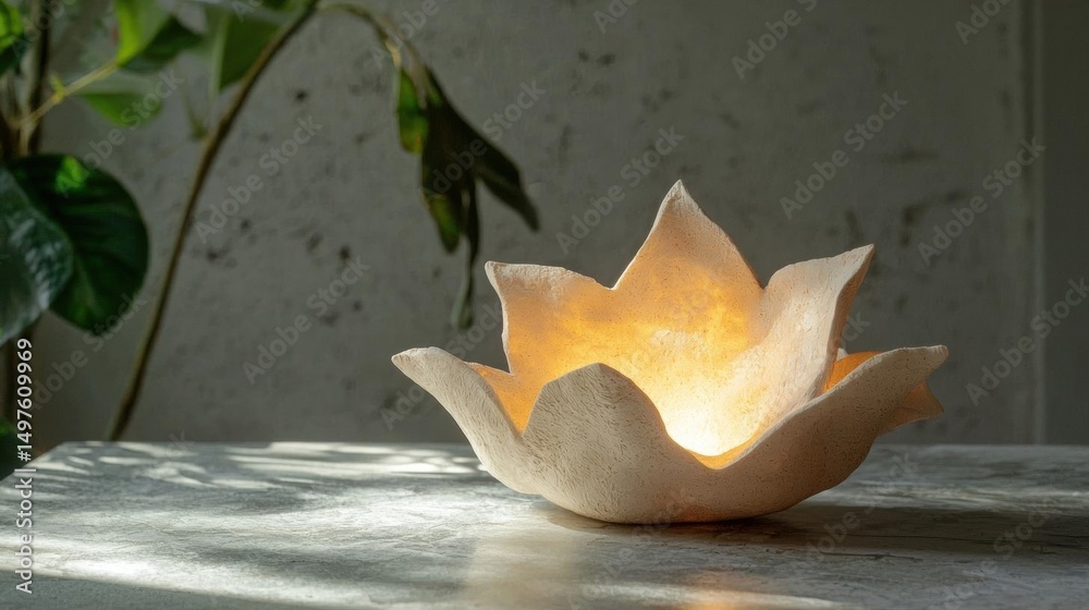 Fototapeta premium Small, white ceramic bowl in the shape of a lotus flower. the bowl is sitting on a concrete surface with a plant in the background.
