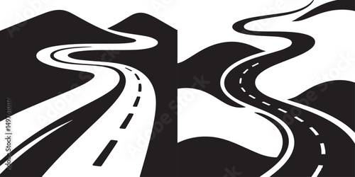 A sleek vector, minimalist black silhouette of a winding road receding into the distance, with clear white dashed lines.