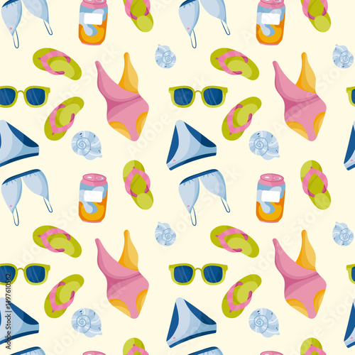 Seamless Summer Pattern with Swimwear and Beach Accessories
