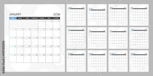 Monthly calendar blue square planner schedule for 2026 year. Week Starts on Sunday