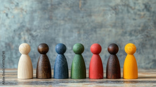 A group of wooden figures, each with a unique color, standing on a wooden surface with a textured background.