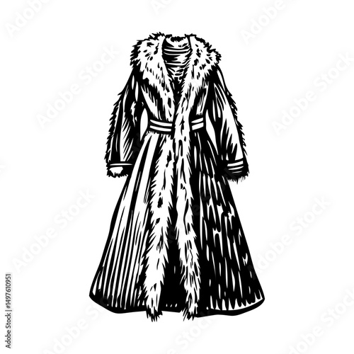 A vintage illustration showing elegant fur gown