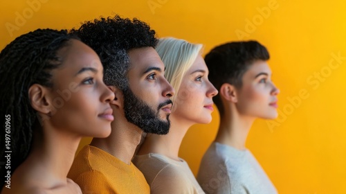 Four individuals standing in a row against a yellow background, each wearing a different colored shirt.