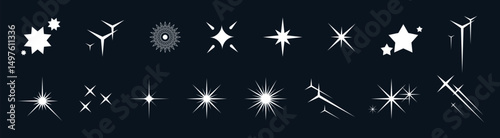 Y2K star icon collection. Includes sparkling shapes, glitter bursts, glowing flares, and magical pictograms. Retro silhouettes, abstract doodles, and modern elements perfect for festive design themes.