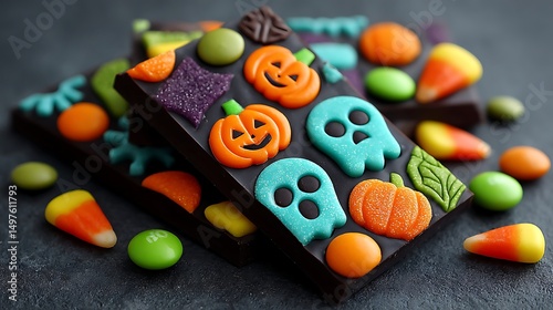 Halloween candy bark with colorful leftover candy and spooky shapes 