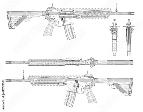 A gun set is shown in different views. 3D