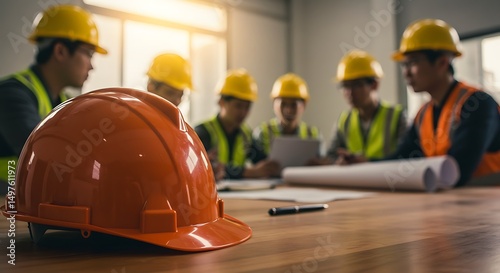 Orange Hard Hat in Focus with Construction Workers Meeting in Background