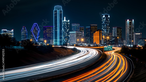 Dallas Skyline at Night with Light Trails